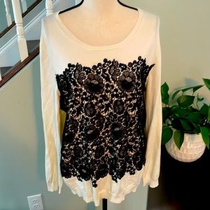 Charter Club White and Black Lace Overlay Top